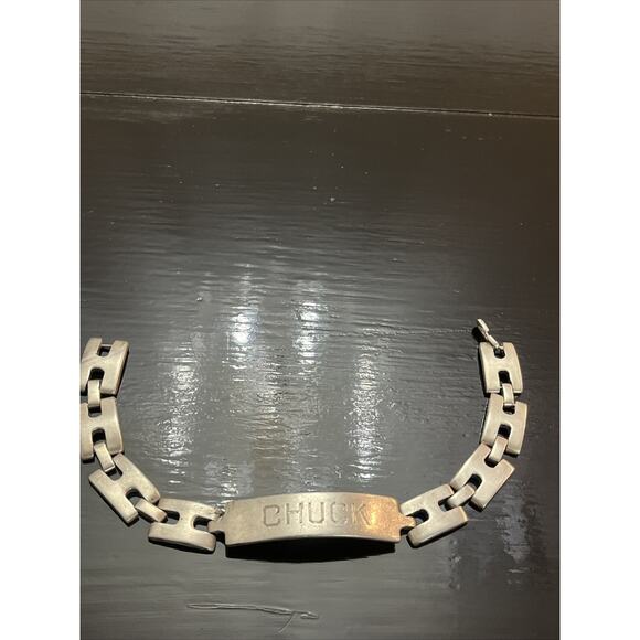 Men’s Sterling Silver 925 Biker Name ID Tag Linked Bracelet CHUCK NAME ENGRAVED